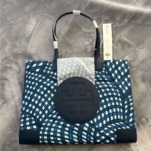Tory Burch Ella Printed Tote Navy Wrapped Gingham Pattern